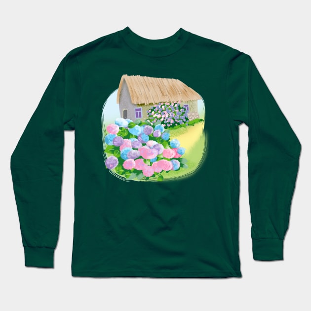 house in french countryside with hydrangea Long Sleeve T-Shirt by sonaart